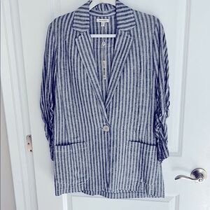 Max Studio Striped Blue &’White Women's Blazer Linen Blend Ruched Sleeves NWT